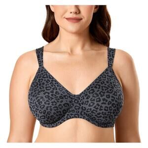 Delimira Women's Black Gray Leopard Minimiser Underwire Bra Size 38DD